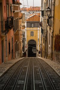 Calles empinadas de Lisboa con las vías del Ascensor da Bica y fachadas de colores.