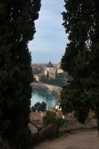 Vista del río Adigio y la iglesia San Giorgio Maggiore durante una excursión a Verona desde Venecia, enmarcada por altos cipreses